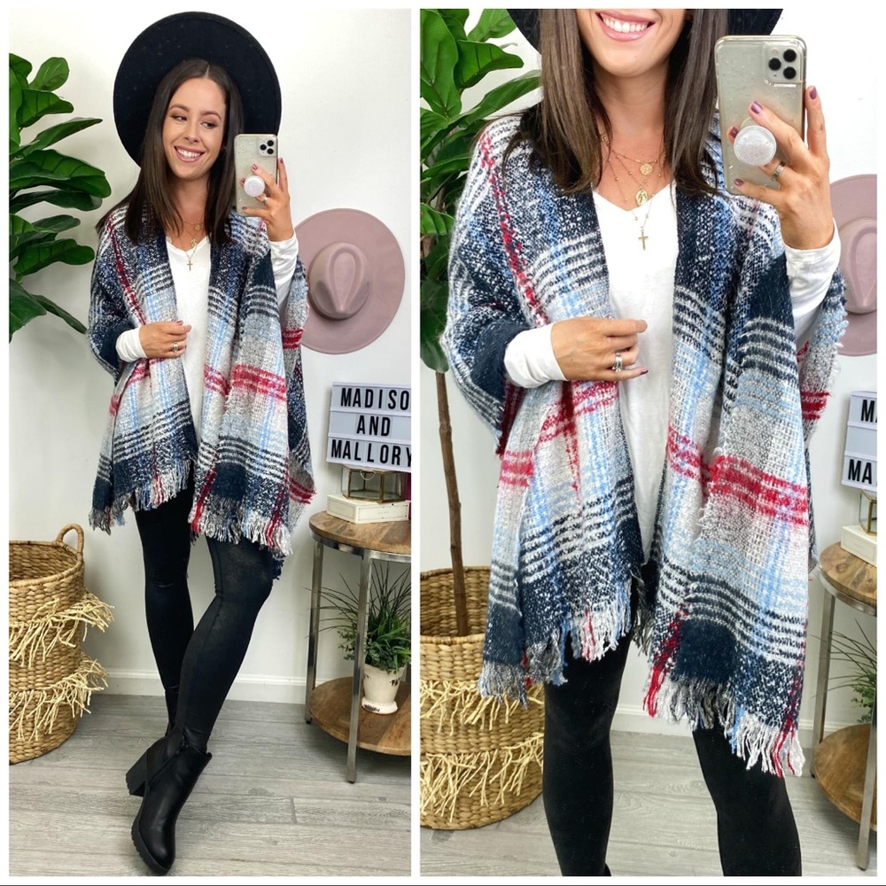 Women’s Black, Blue, Gray and Red Bella Latte Plaid Poncho Top